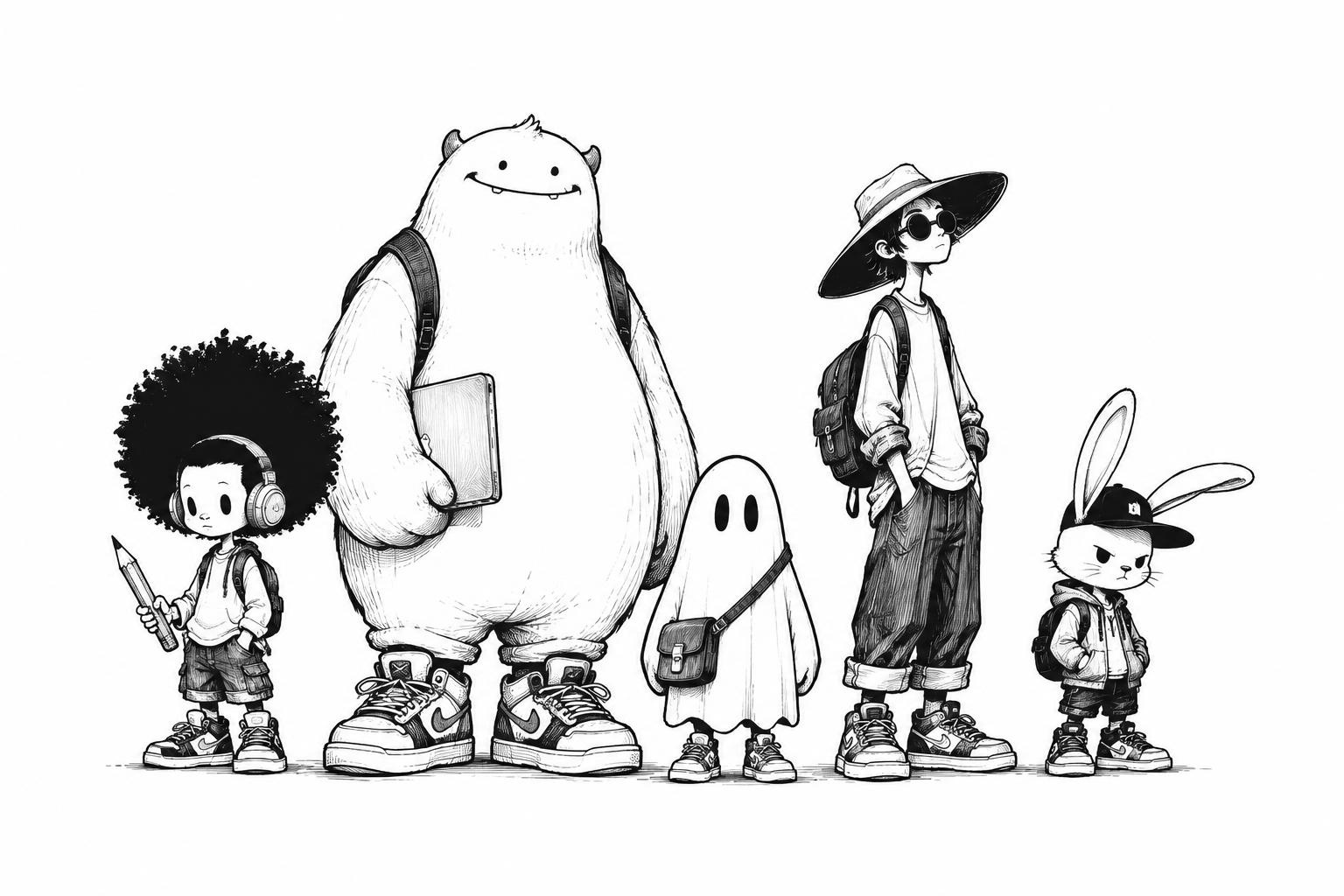 The full Random Boyz crew: an artist, a friendly monster, a ghost, a designer and a rabbit