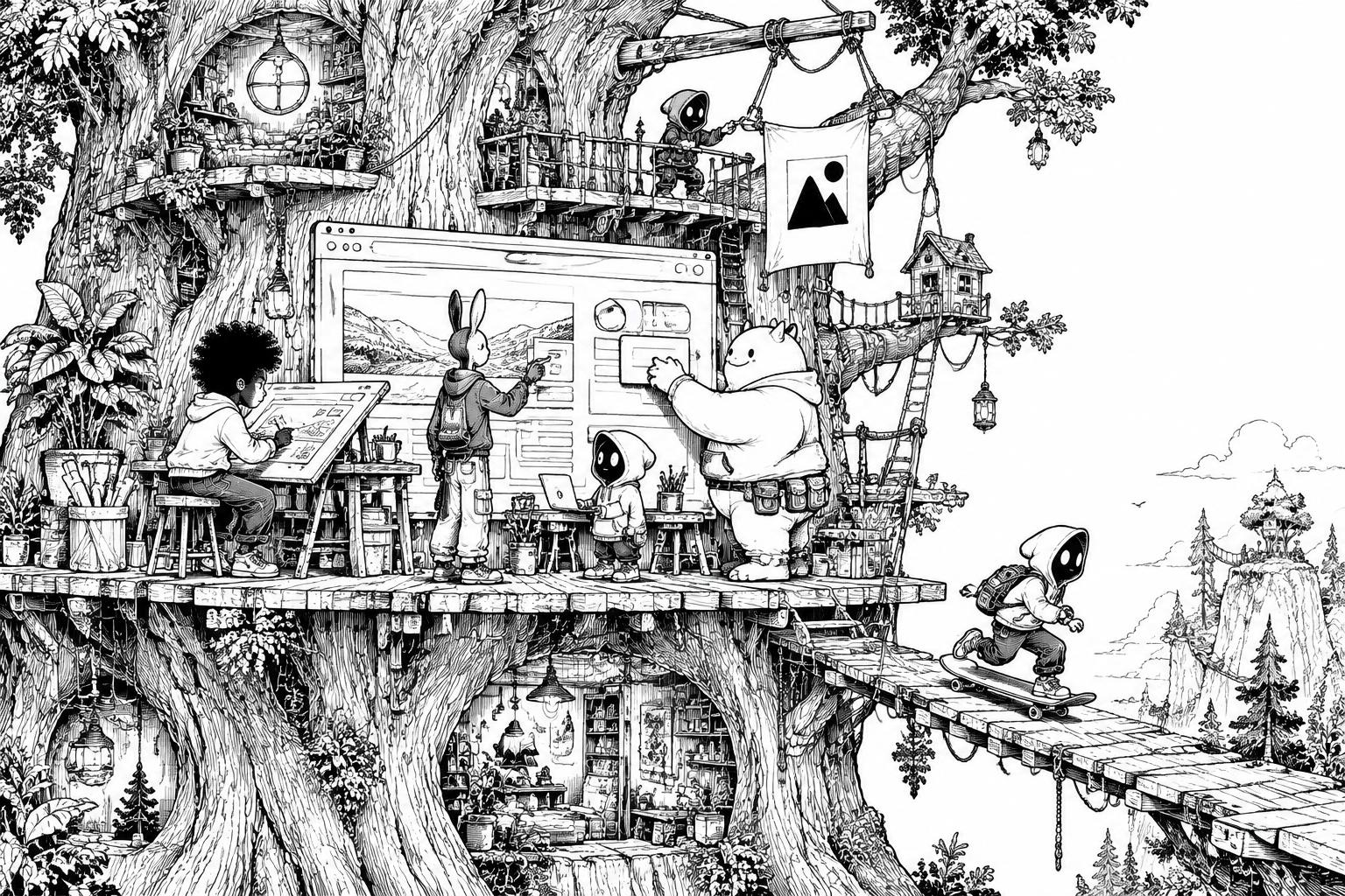 The crew collaboratively building a digital world in an elaborate illustrated treehouse studio